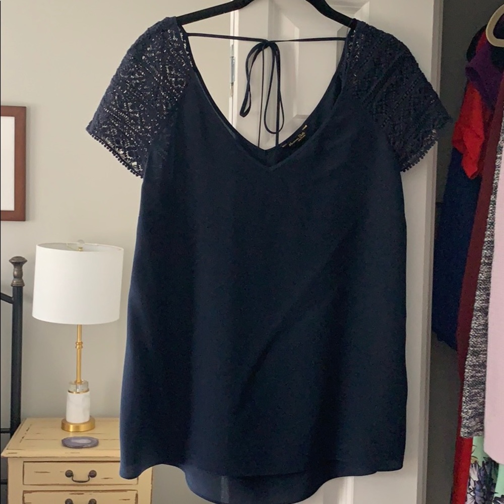 Massimo Dutti Navy silk and lace blouse - size 8
